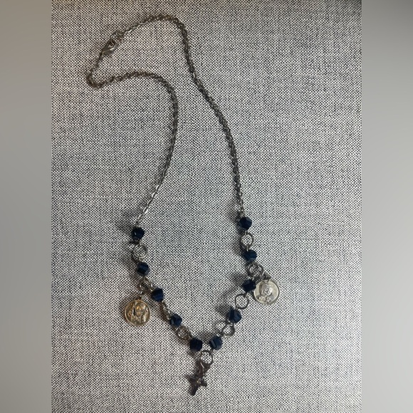 Vintage Black Bead Rosary-Style Necklace with Cross & Saint Jean Medals - Picture 5 of 11